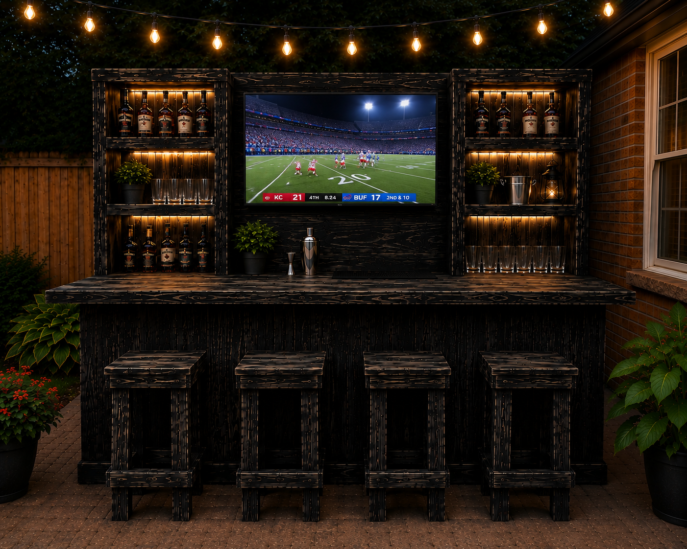 Hancrafted Black Rustic Bar with Stools