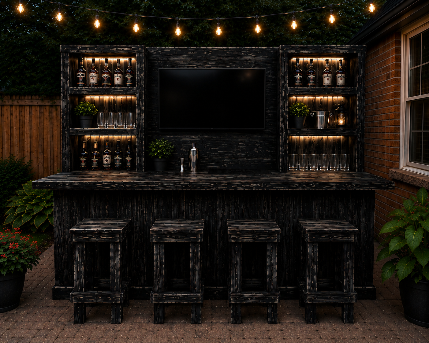 Hancrafted Black Rustic Bar with Stools