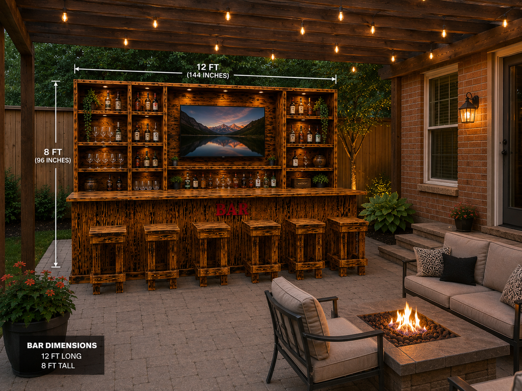 12 Ft Hancrafted Rustic Burnt-Wood BAR with Stools