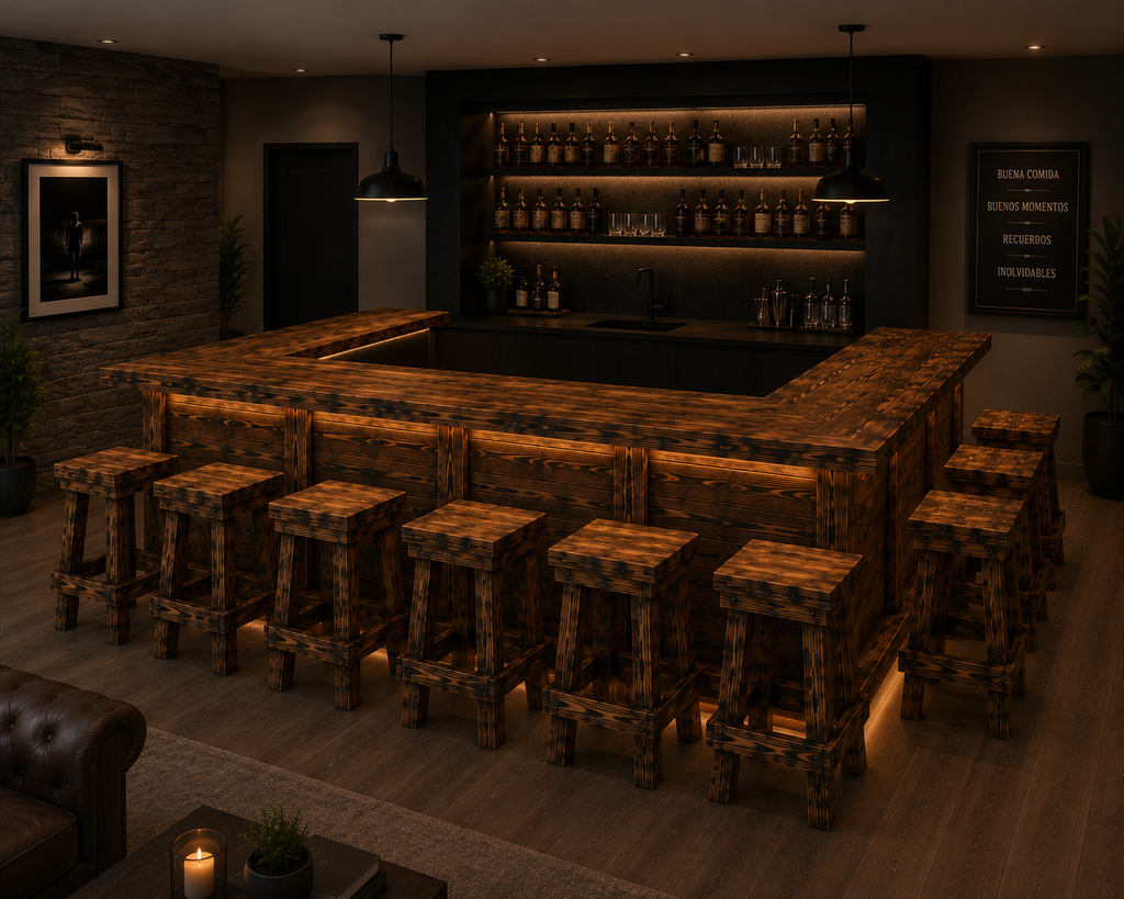 Beautiful Hancrafted 10Ft Burnt-Wood Bar with Stools