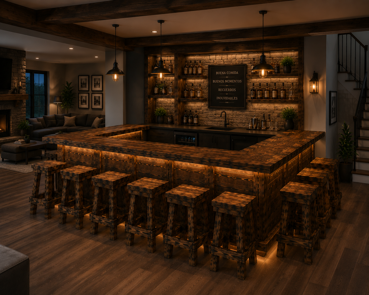 Beautiful Hancrafted 10Ft Burnt-Wood Bar with Stools