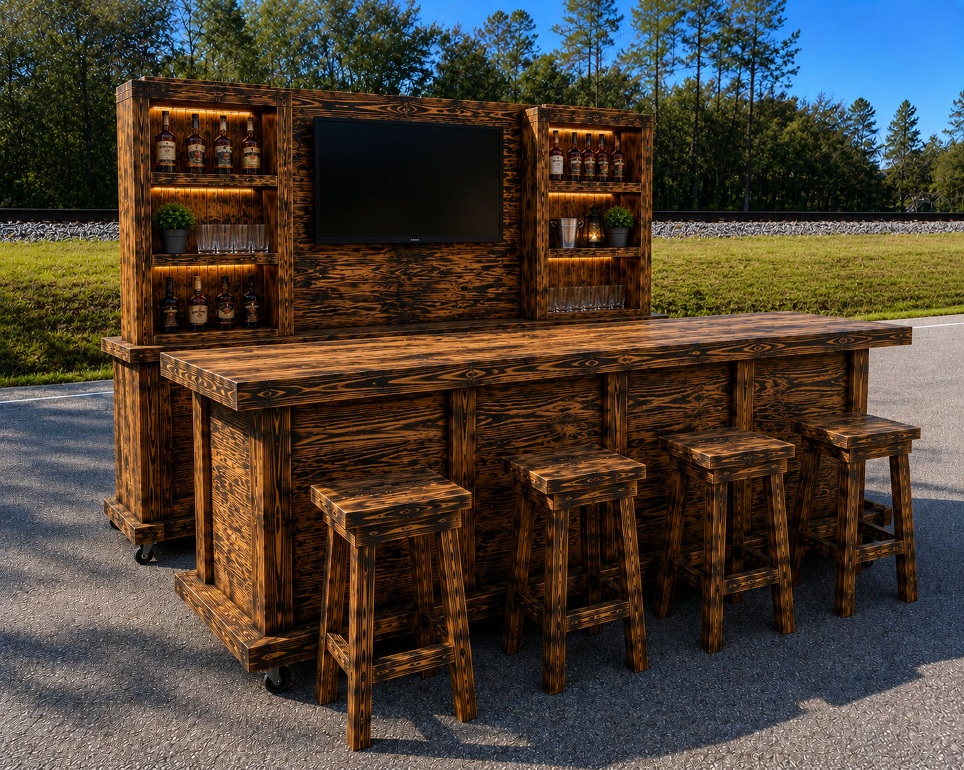 10 ft Rustic Hancrafted BAR with stools