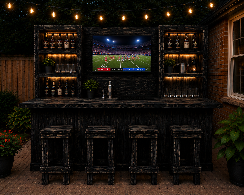Hancrafted Black Rustic Bar with Stools