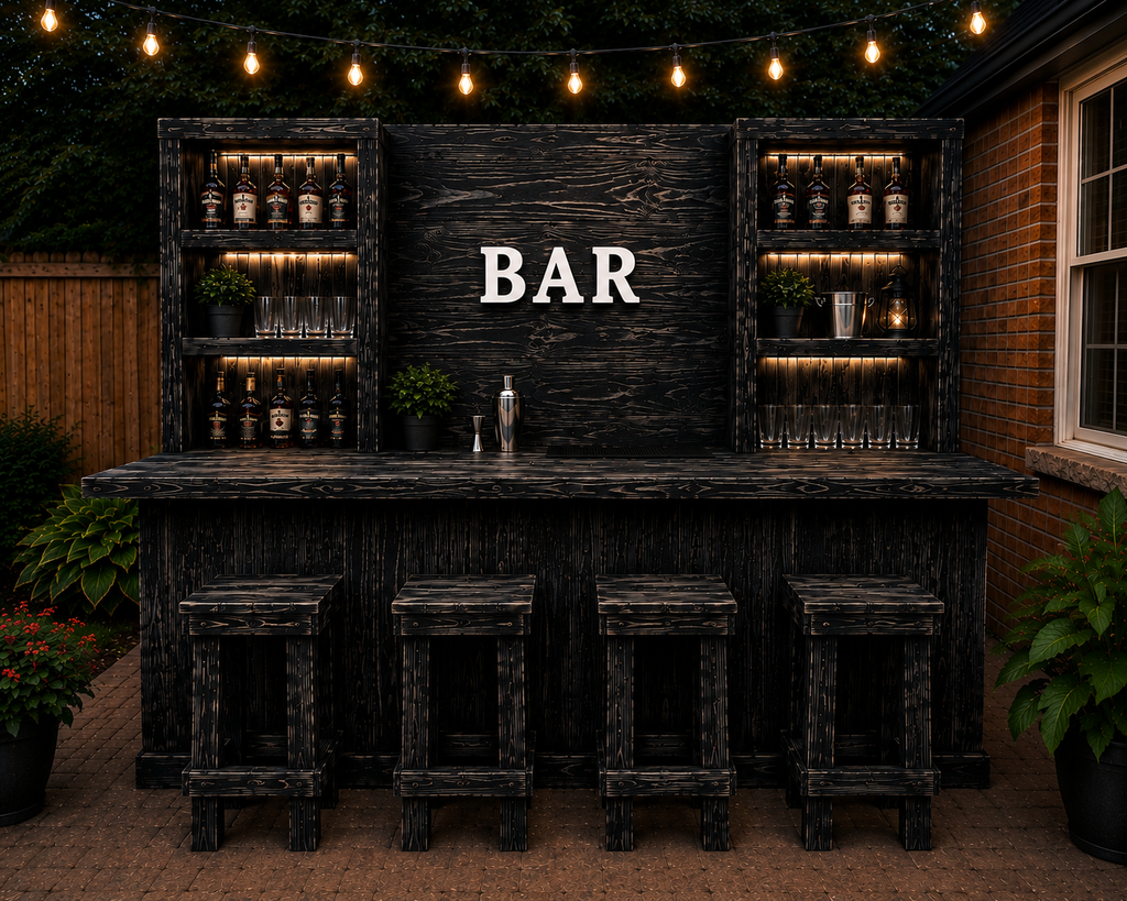 Hancrafted Black Rustic Bar with Stools