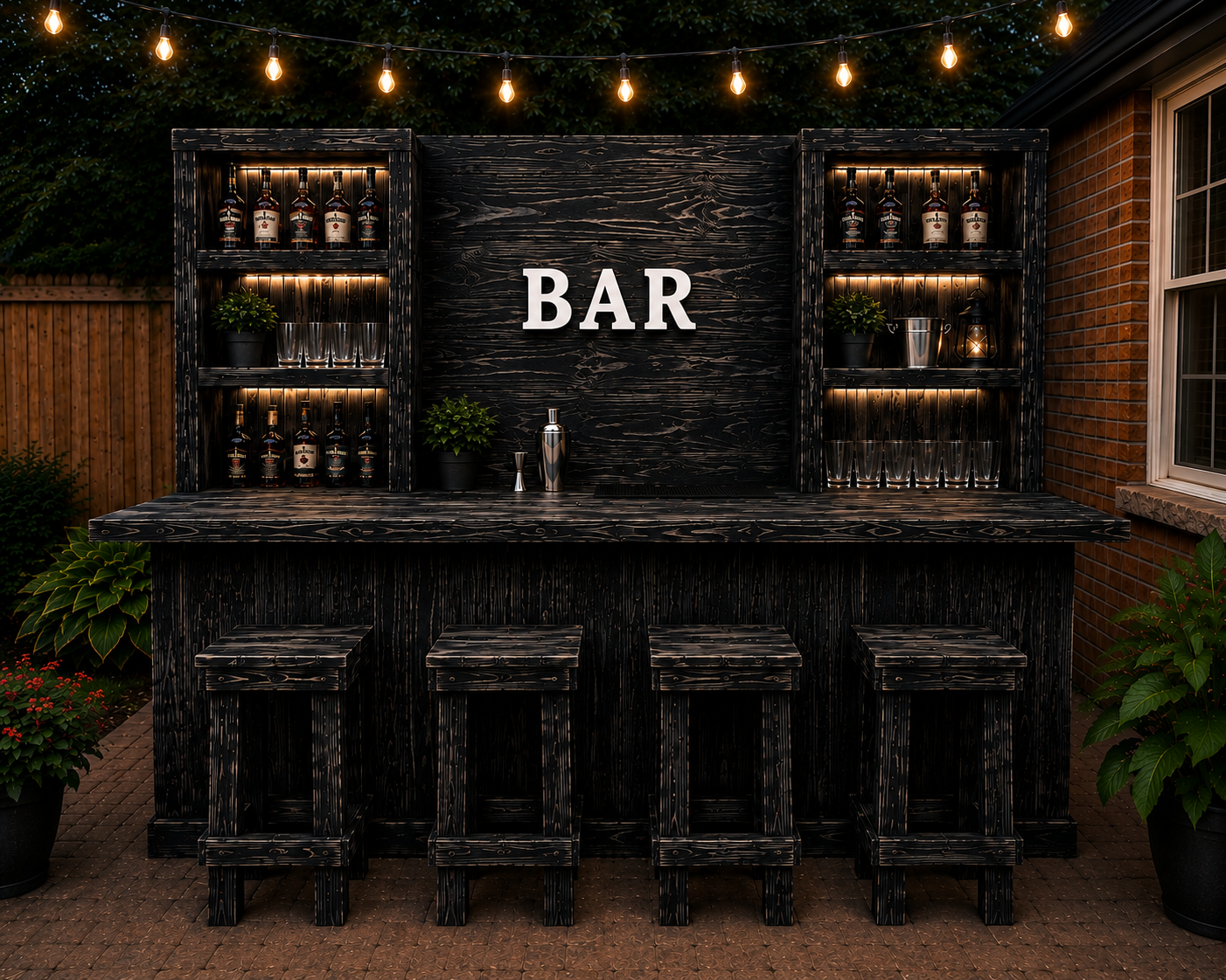 Hancrafted Black Rustic Bar with Stools
