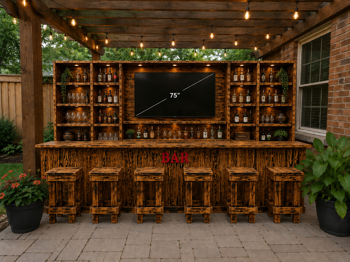 12 Ft Hancrafted Rustic Burnt-Wood BAR with Stools